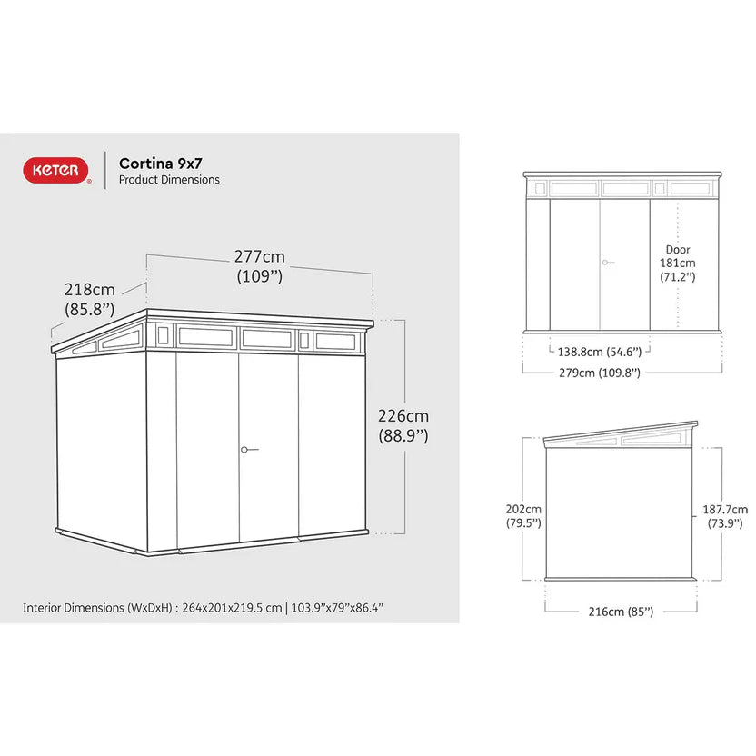Keter 9x 7 Cortina Heavy Duty Plastic Pent Shed – Dark Green